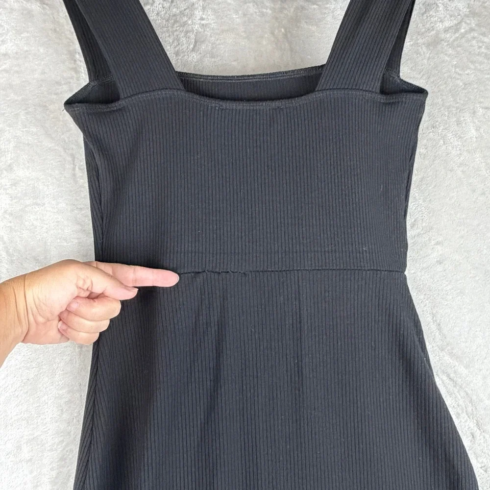 Reformation Black Cassi Ribbed Knit Square‎ Neck Midi Dress Side Slit Womens